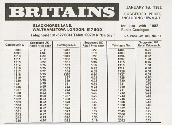 Britains Models prices January 1982