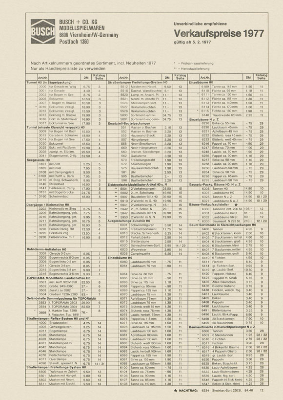 Busch Verkaufspreise 1977