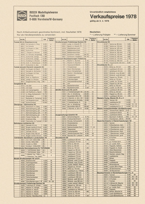 Busch Verkaufspreise 1978