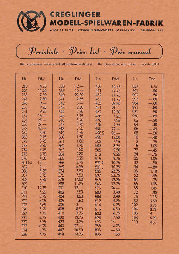Creglinger Preisliste 1955