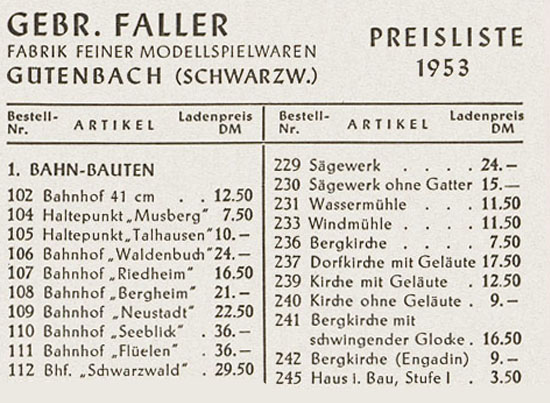 Faller Preisliste 1953