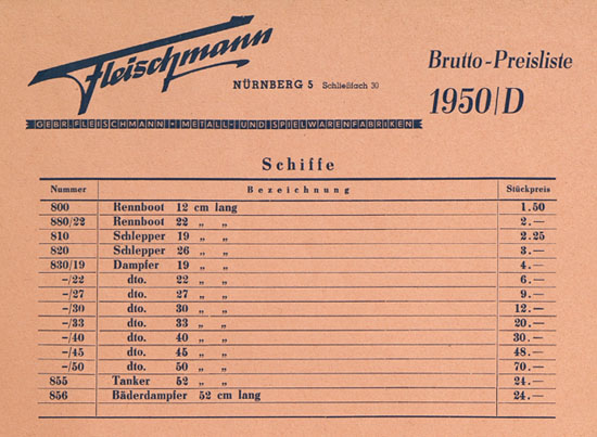 Fleischmann Preisliste 1950