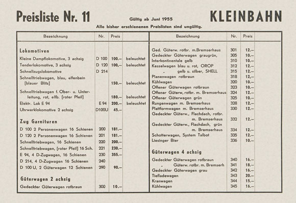 Kleinbahn Preisliste Nr. 11 1955
