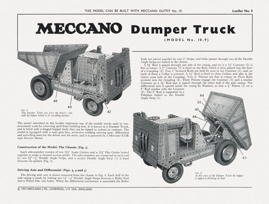 Meccano Leaflet No. 9 1973 Dumper Truck