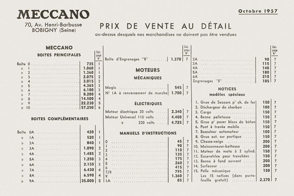 Meccano Prix de vente au détail Octobre 1957