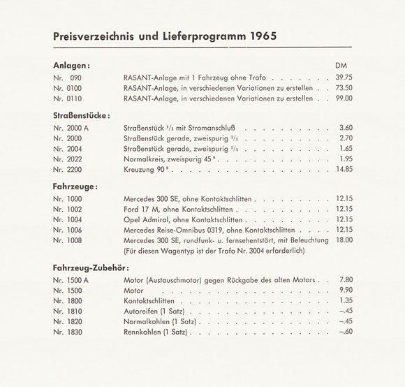 Rasant Preisverzeichnis und Lieferprogramm 1965