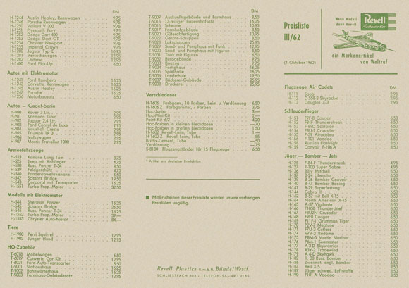 Revell Preisliste Oktober 1962