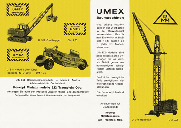 Roskopf Miniatur-Modelle Prospekt UMEX Baumaschinen 1966