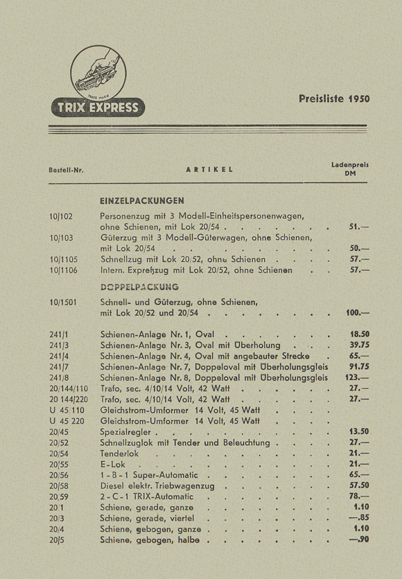 Trix Preisliste 1950