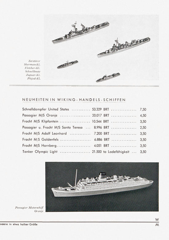 Wiking Bildpreisliste Schiffsmodelle 1960