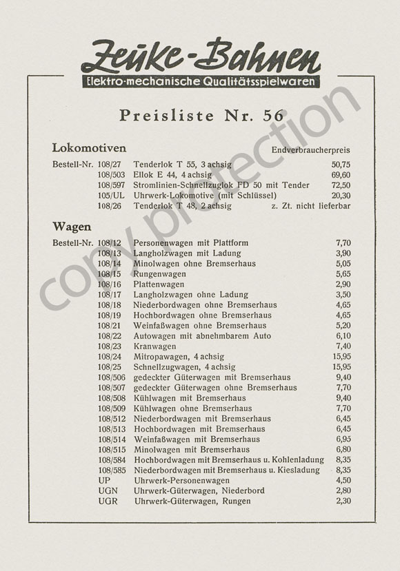 Zeuke-Bahnen Preisliste Nr. 56 1955