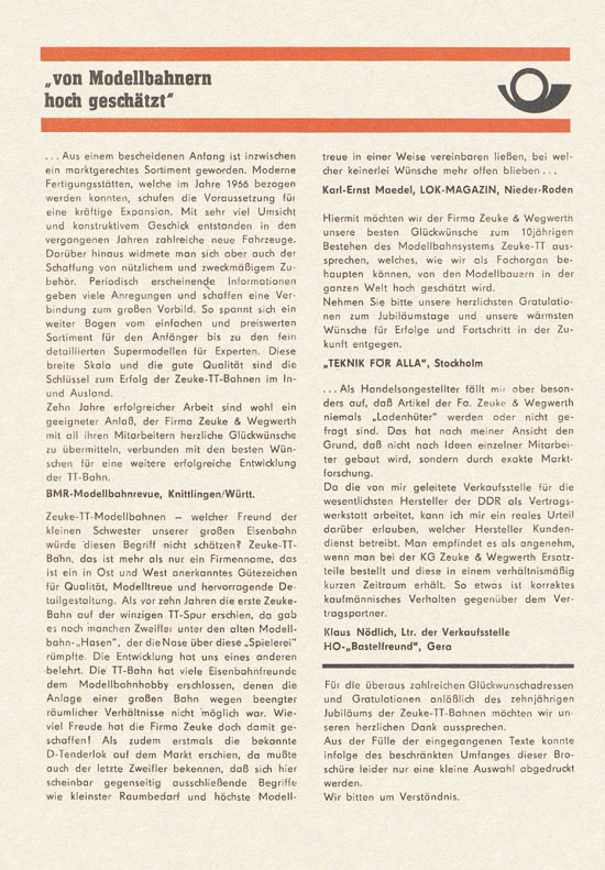 Zeuke Prospekt 10 Jahre TT-Bahnen 1958-1968