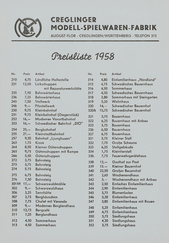 Creglinger Preisliste 1958