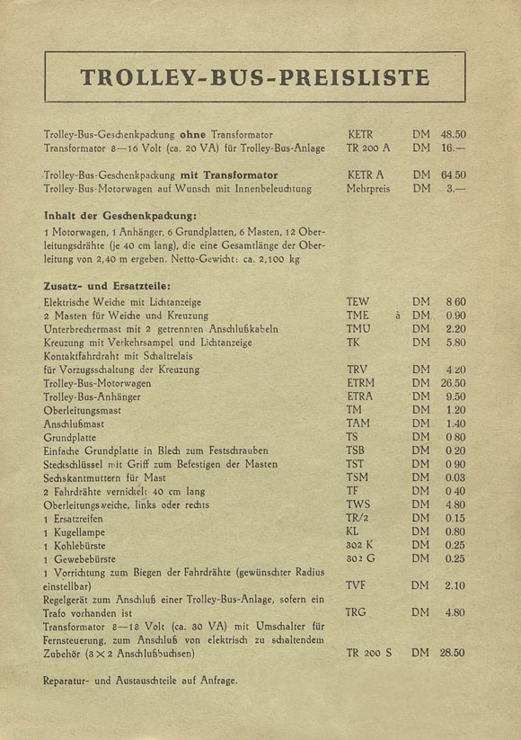 Eheim Trolley-Bus-Preisliste 1953