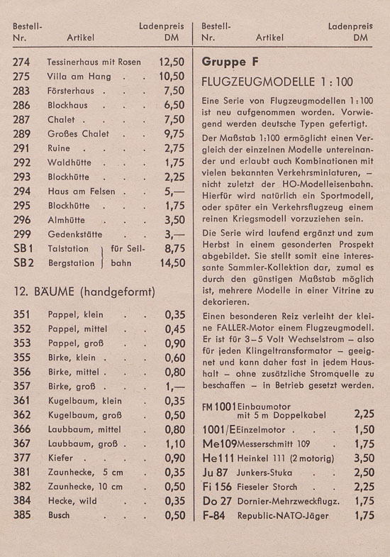 Faller Preisliste 1957