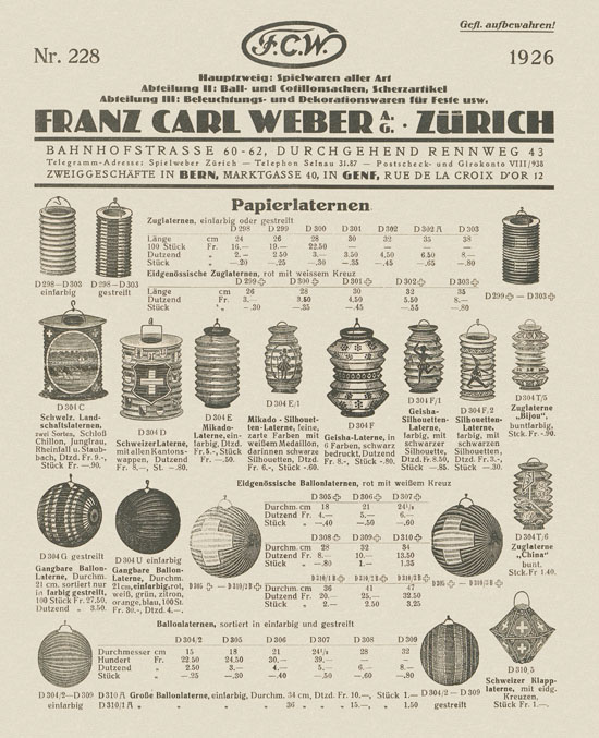 Franz Carl Weber Prospekt Nr. 228 Dekorationswaren 1926