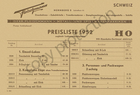 Fleischmann Preisliste Schweiz 1952