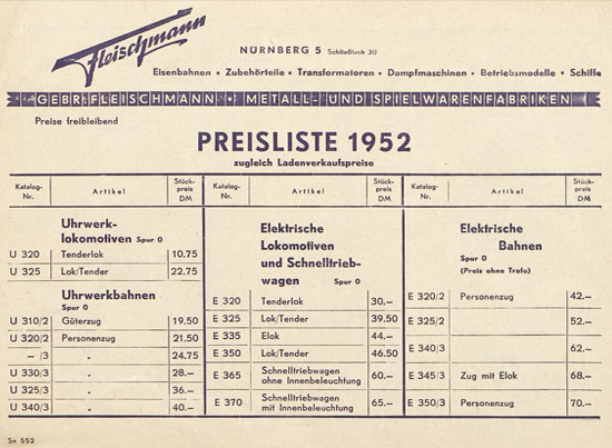 Fleischmann Preisliste 1952