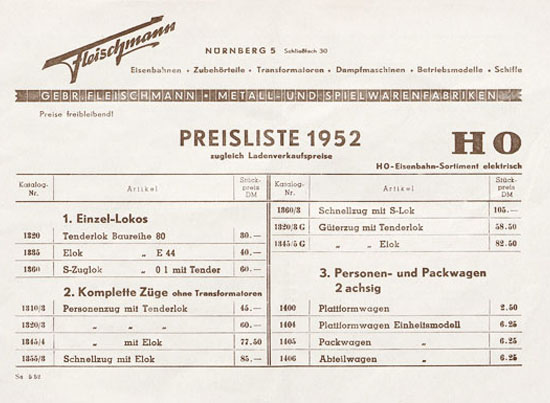 Fleischmann Preisliste 1952 Spur H0