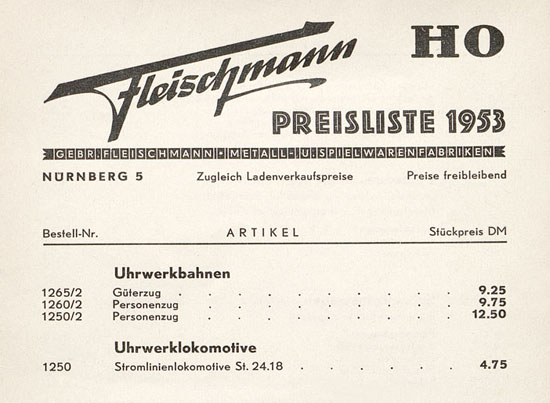 Fleischmann Preisliste 1953 Spur H0