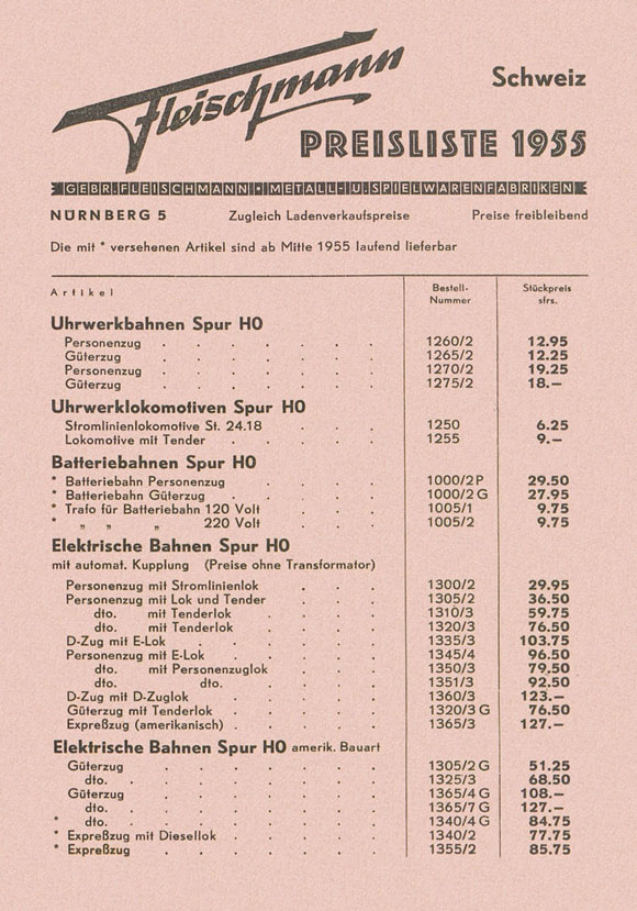 Fleischmann Preisliste 1955 Schweiz