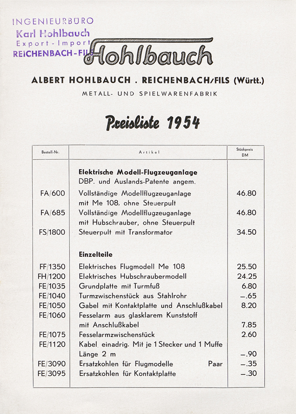 Hohlbauch Preisliste 1954