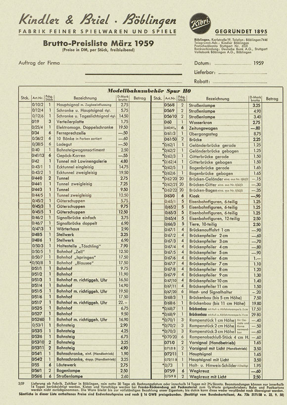 Kibri Preisliste März 1959