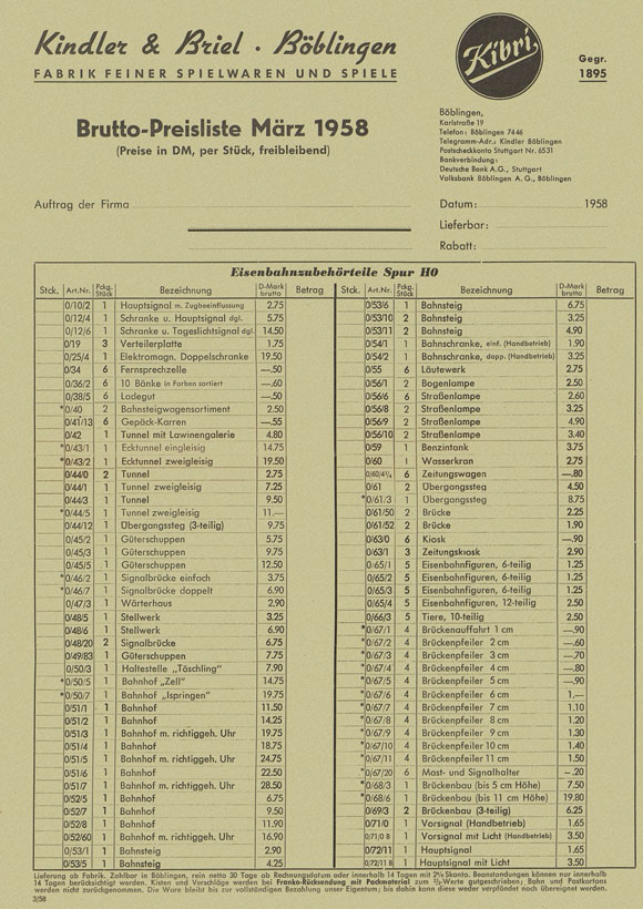 Kibri Preisliste Eisenbahn-Zubehör 1958