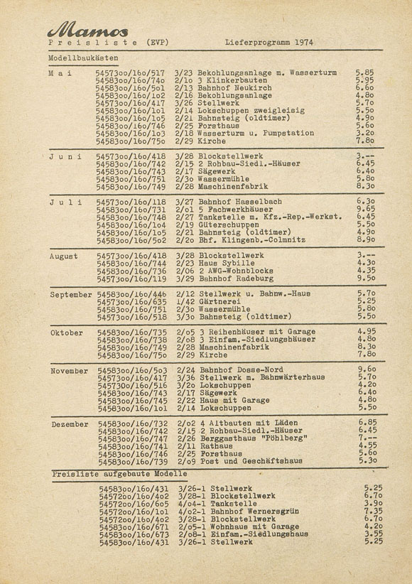 Mamos Lieferprogramm Preisliste 1974