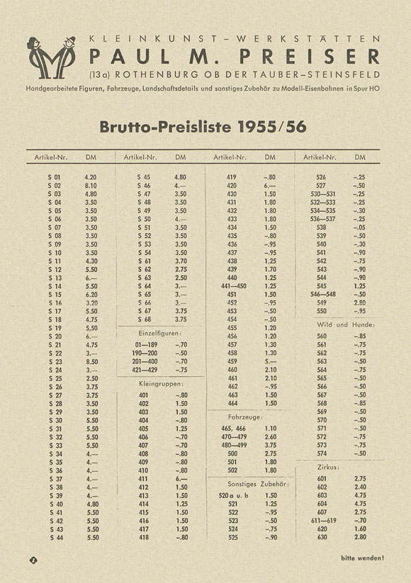 Preiser Preisliste 1955-1956