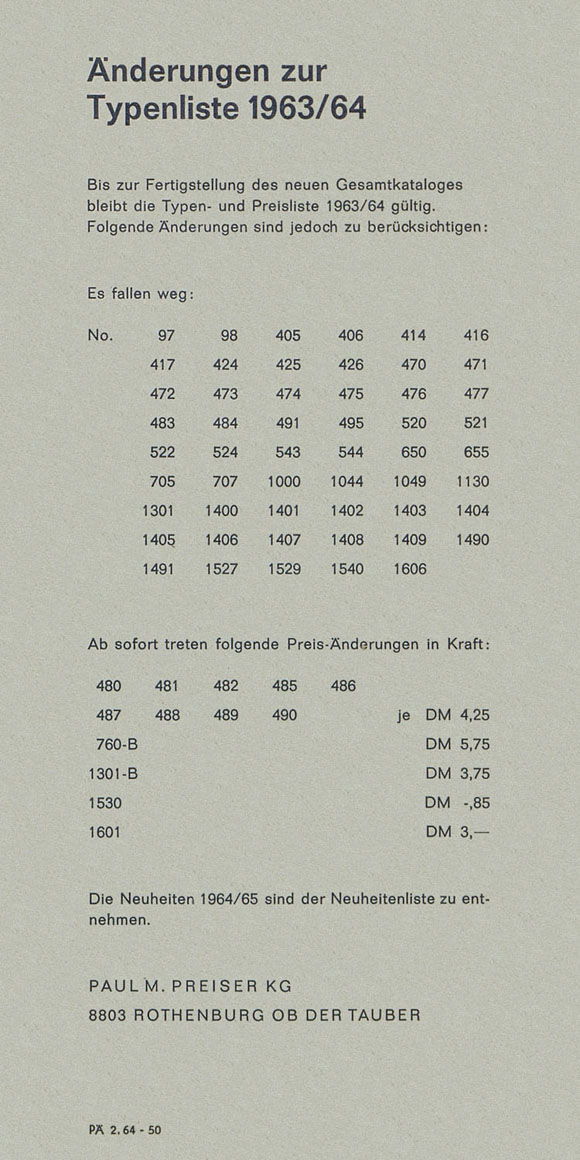 Preiser Änderungen zur Typenliste 1963-196464