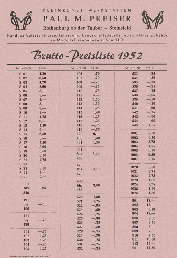 Preiser Brutto-Preisliste 1952