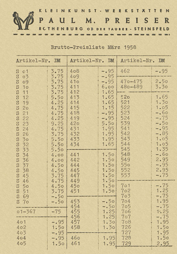 Preiser Brutto-Preisliste März 1958