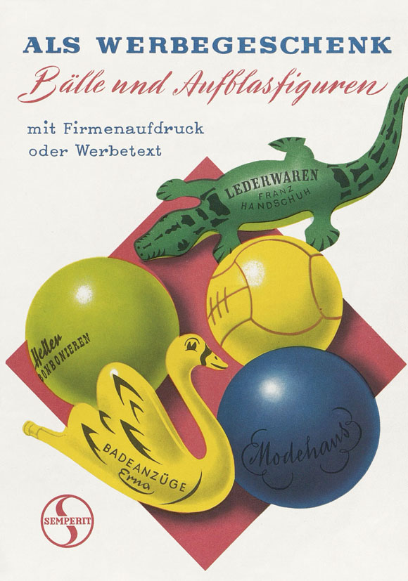 Semperit Prospekt Bälle und Aufblasfiguren als Werbegeschenk 1958