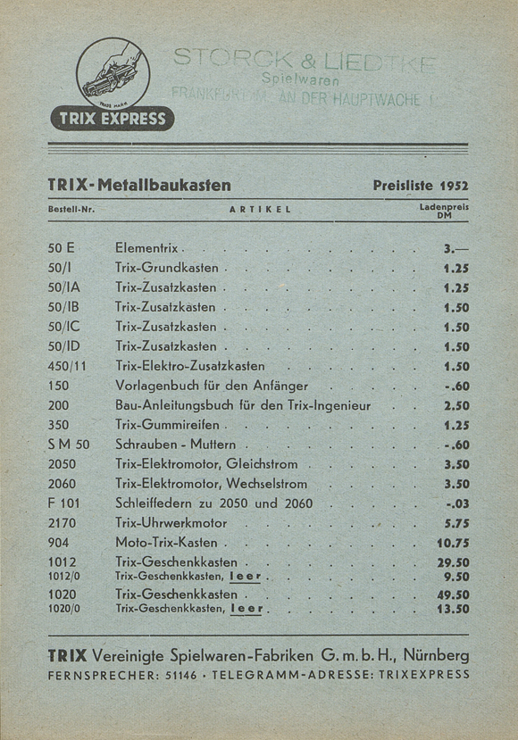 Trix Preisliste 1952