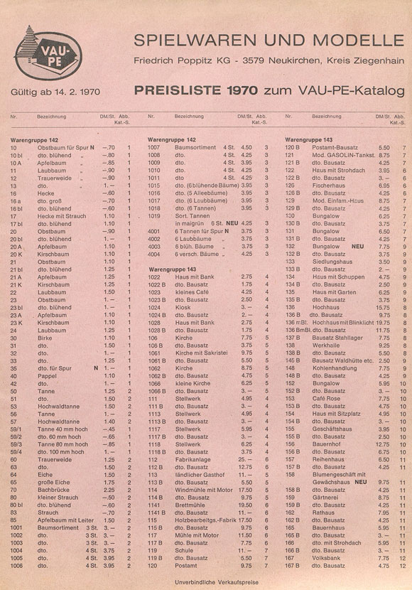 Vau-Pe Spielwaren und Modelle Preisliste 1970