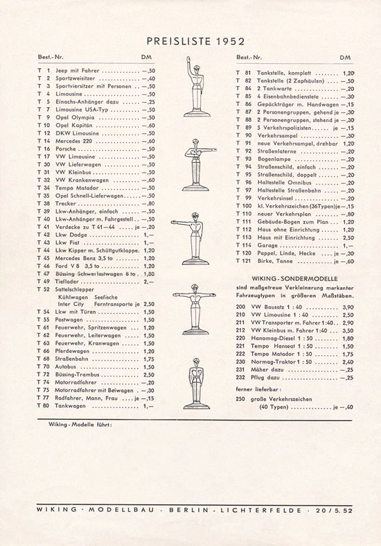 Wiking Katalog 1952, Wiking Modellbau Kataloge, Preisliste 1952, Bildpreisliste 1952, Verkehrsmodelle 1952